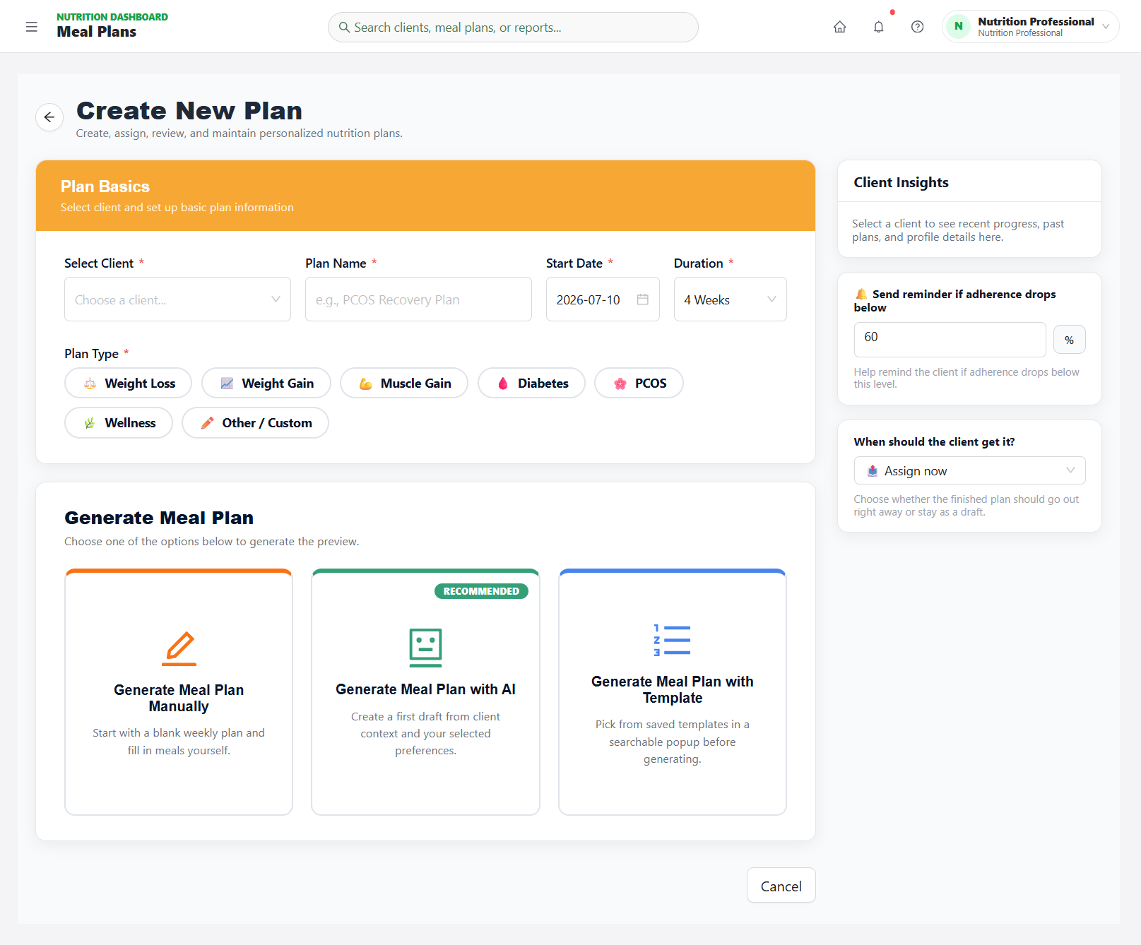 AI meal plan generator workspace